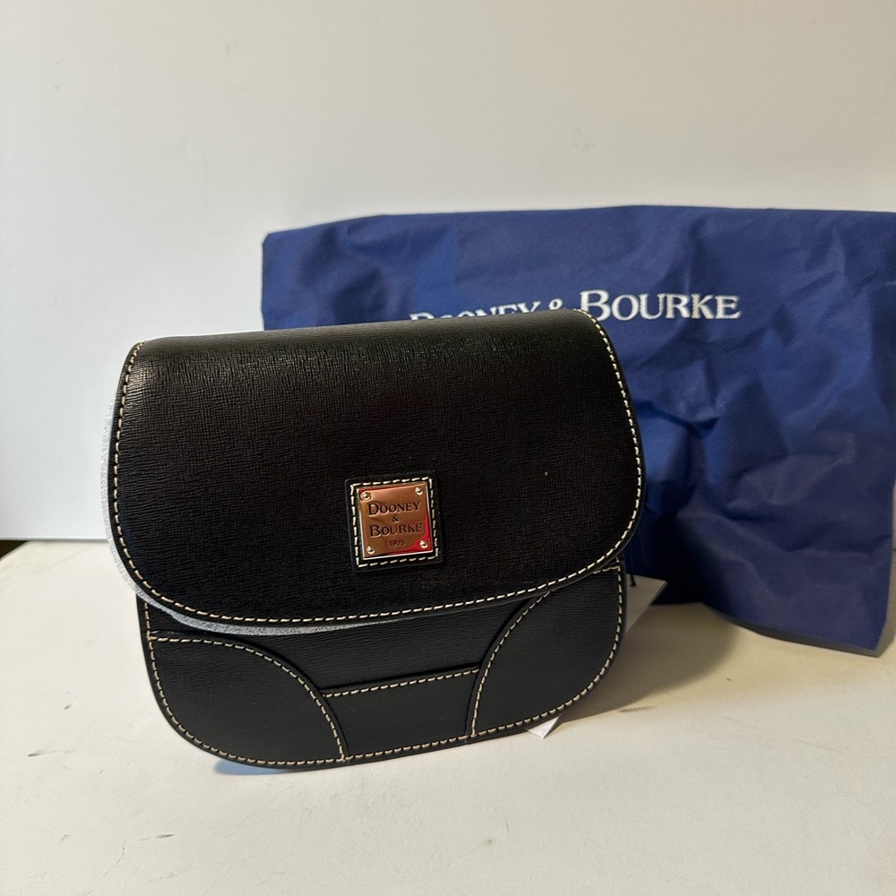 Dooney & Bourke Black Saddle Crossbody Bag with White Stitching